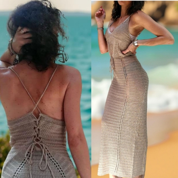 Other - NWOT Elegant Smokey Taupe/Beige Crochet Maxi Cover Up Dress